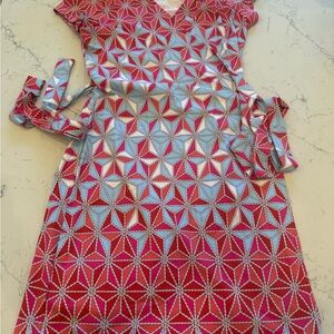 J. McLaughlin Red and Blue Geometric Midi Dress